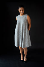 Load image into Gallery viewer, George tent dress sewing pattern. Designed by an independent pattern company. View B is collarless and sleeveless. Sample is made with blue and white striped knit jersey. Front view.