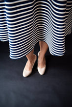 Load image into Gallery viewer, George tent dress sewing pattern. Designed by an independent pattern company. View B is collarless and sleeveless. Sample is made with blue and white striped knit jersey. Front view.