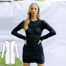 Load image into Gallery viewer, Short Dress Long Sleeve Ruched Sewing Pattern - PDF