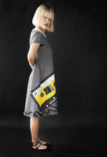 Load image into Gallery viewer, George tent dress sewing pattern. Designed by an independent pattern company. View B is collarless and sleeveless. Sample is made with blue and white striped knit jersey. Front view.