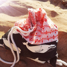 Load image into Gallery viewer, Philip backpack. A free PDF pattern featuring drawstring closure with pockets inside and outside. Available in two sizes. Full size and half pint. Philip is the perfect companion to all of you adventures.