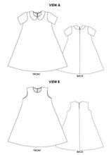 Load image into Gallery viewer, George tent dress sewing pattern. Designed by an independent pattern company. View B is collarless and sleeveless. Sample is made with blue and white striped knit jersey. Front view.