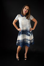 Load image into Gallery viewer, George tent dress sewing pattern. Designed by an independent pattern company. View B is collarless and sleeveless. Sample is made with blue and white striped knit jersey. Front view.
