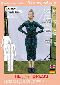 Midi Dress Long Sleeves Ruched Sewing Pattern - PDF